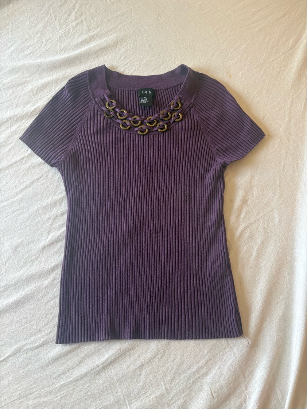 Purple Ribbed Short Sleeve Top with Chain Trim